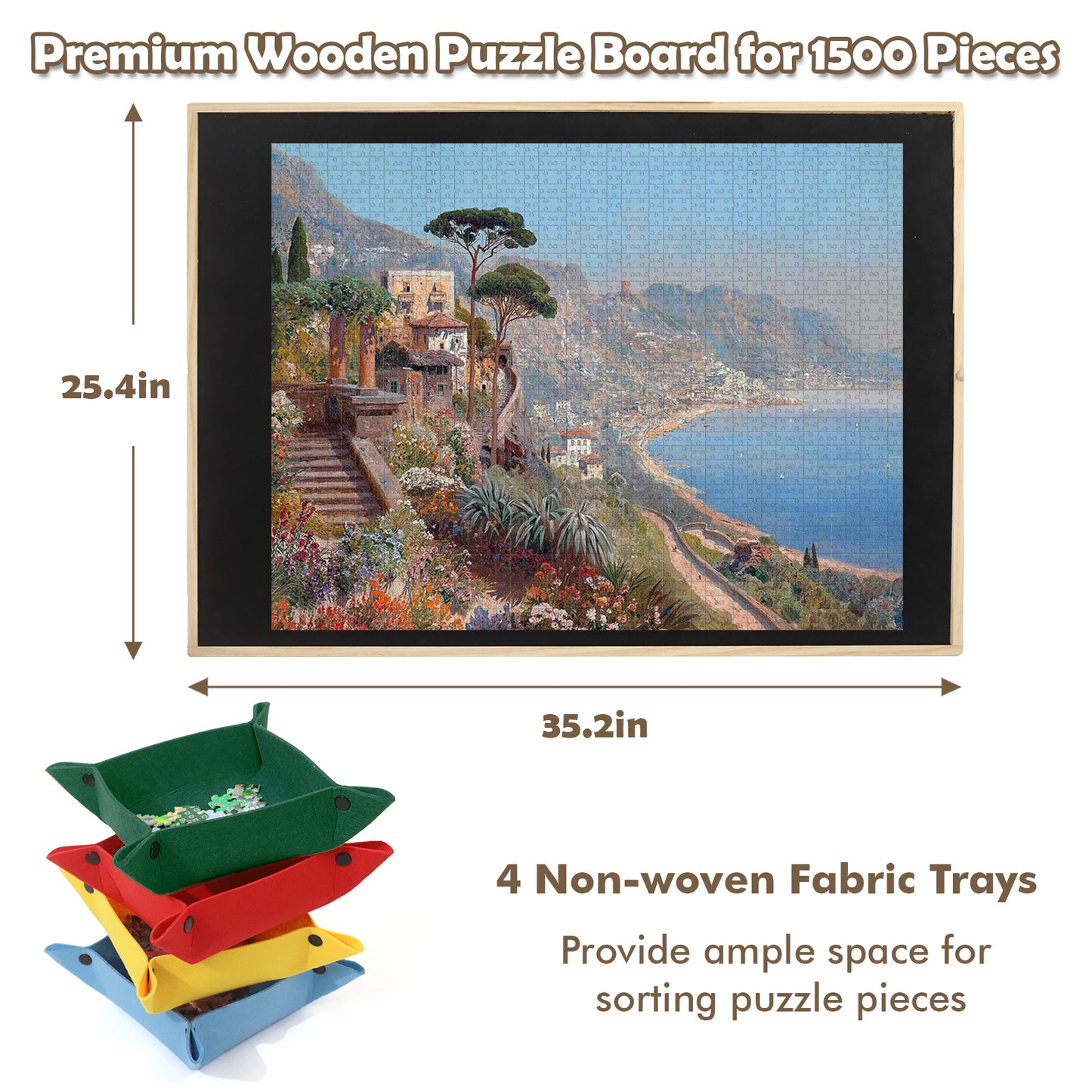 wooden puzzle board measuring 35 by 25 inches for 1000 to 1500 piece jigsaw puzzles with 4 colorful sorting trays
