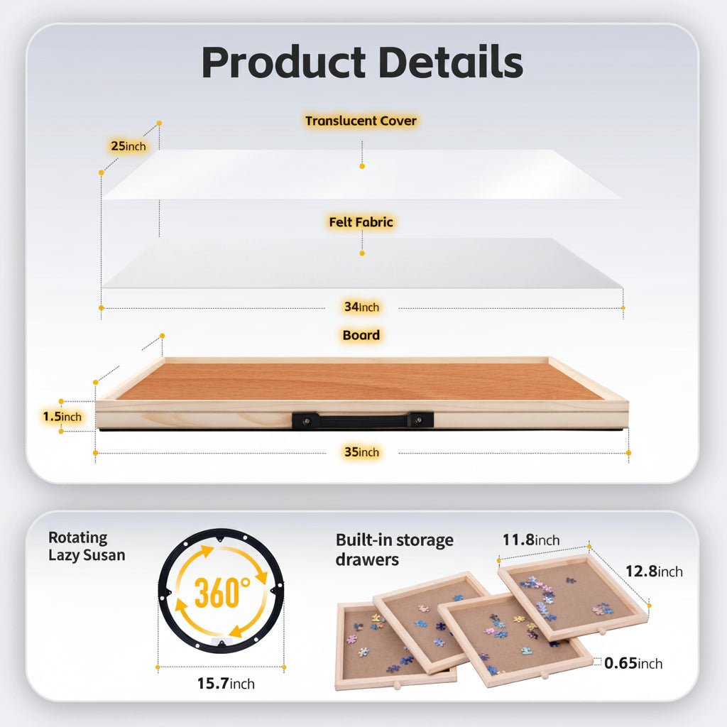 jigsaw puzzle board specifications with translucent cover, white felt mat, lazy susan and 4 storage drawers for 2000 pieces