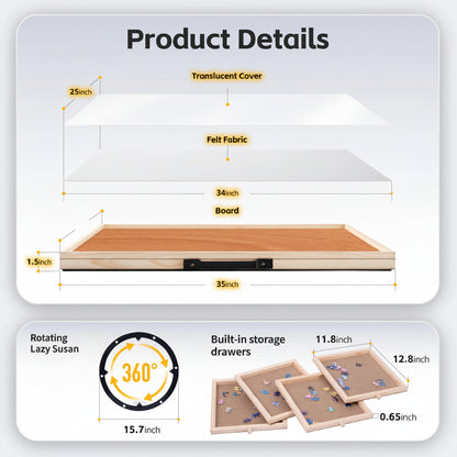 jigsaw puzzle board specifications with translucent cover, white felt mat, lazy susan and 4 storage drawers for 2000 pieces