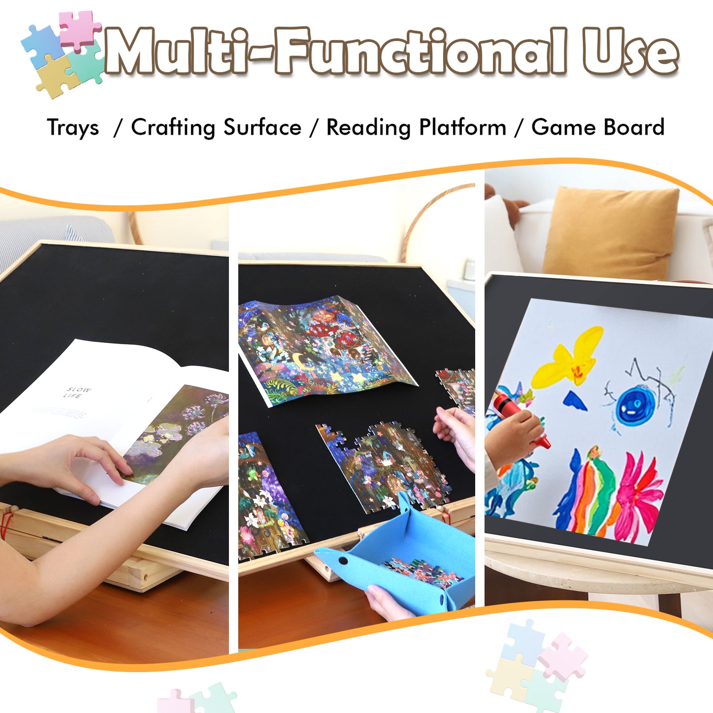 multifunctional puzzle board doubles as a crafting surface, reading platform and game table for the whole family