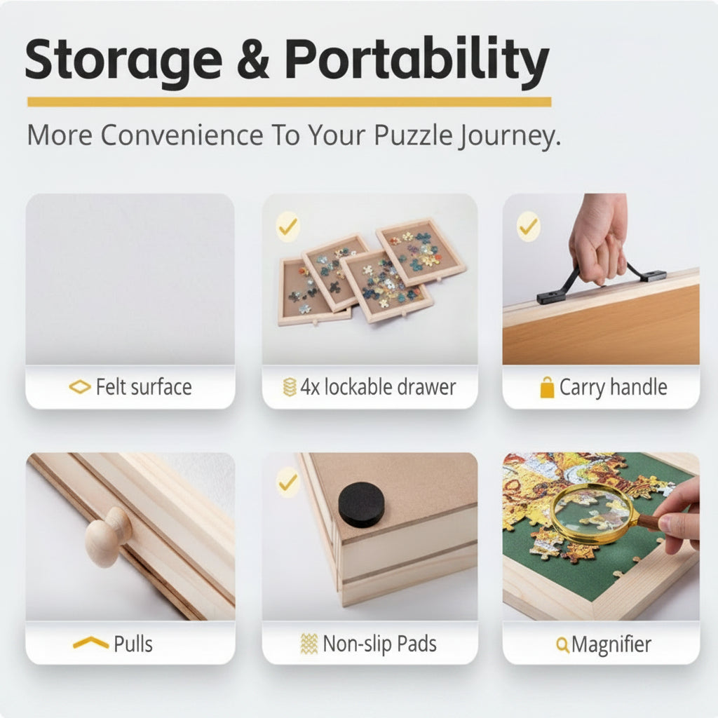 jigsaw puzzle storage table with lockable drawers, carry handle, non-slip pads and felt surface, portable puzzle organizer
