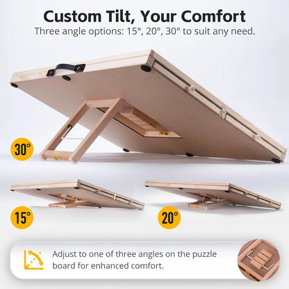 tilting puzzle board with three adjustable angles for neck friendly puzzling, wooden jigsaw puzzle table adult gift