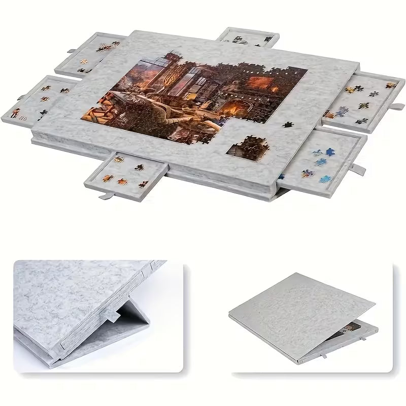 Puzzle desk with 6 sorting trays and foldable construction holds 1500 piece jigsaws – Dark Gray, Light Gray