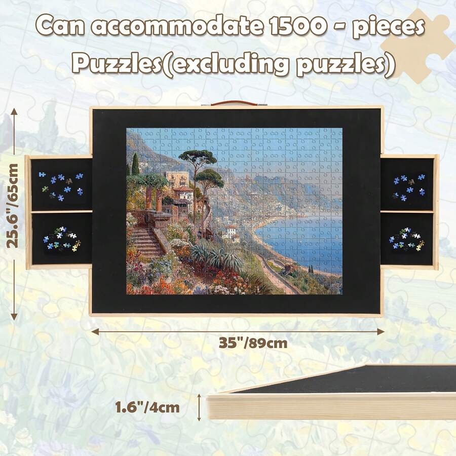 1500 piece puzzle table dimensions 35 by 25 inch felt surface with sorted piece drawers and translucent cover