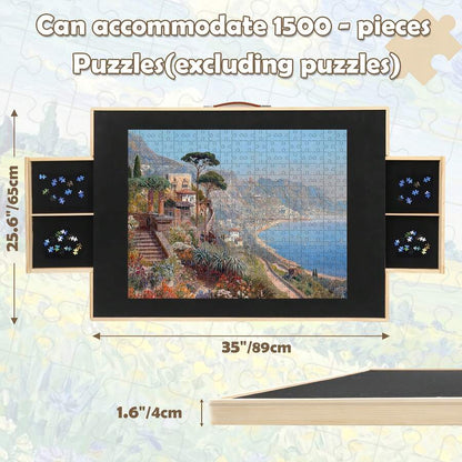 1500 piece puzzle table dimensions 35 by 25 inch felt surface with sorted piece drawers and translucent cover