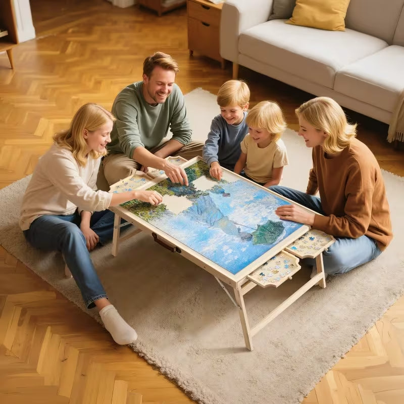 Puzzle Table with Drawers 2000 Piece | Folding Wooden Jigsaw Board with Cover