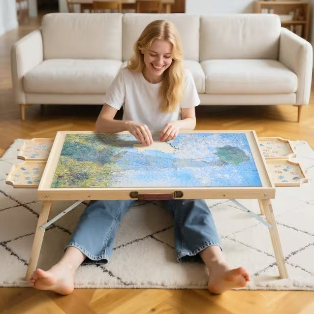 Puzzle Table with Drawers 2000 Piece | Folding Wooden Jigsaw Board with Cover