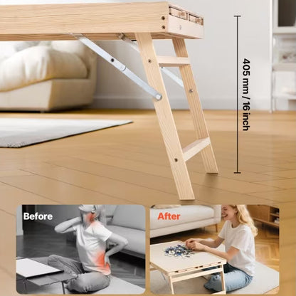 Wooden desk with adjustable height feature, showing before and after usage scenarios.