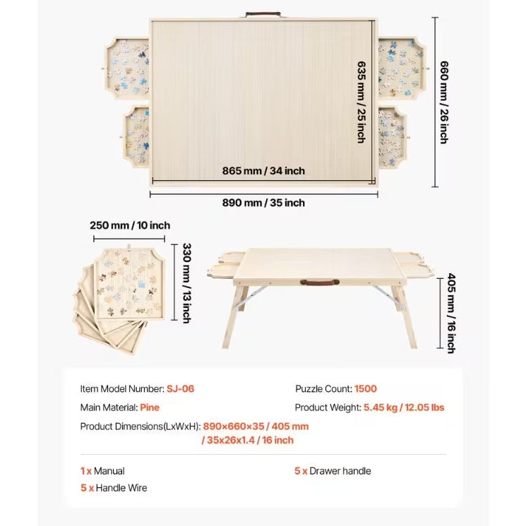 Puzzle Table with Drawers 2000 Piece | Folding Wooden Jigsaw Board with Cover