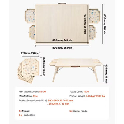Puzzle Table with Drawers 2000 Piece | Folding Wooden Jigsaw Board with Cover