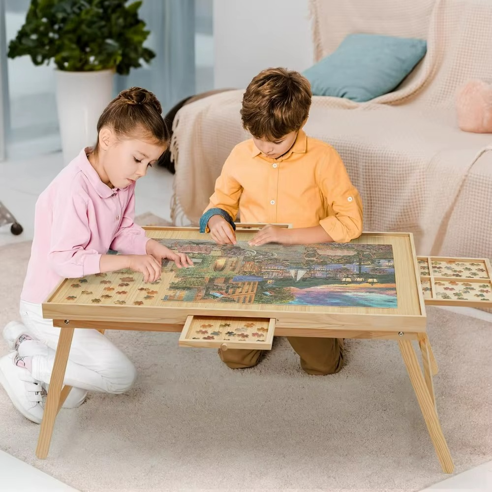 Two children working on a Puzzle Tables With Drawers