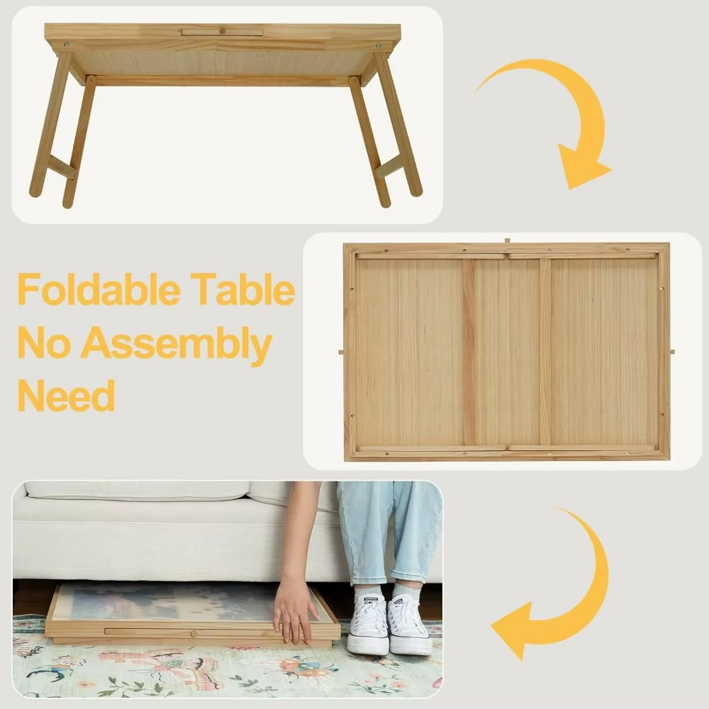 Collage of a foldable table with Puzzle Tables With Drawers