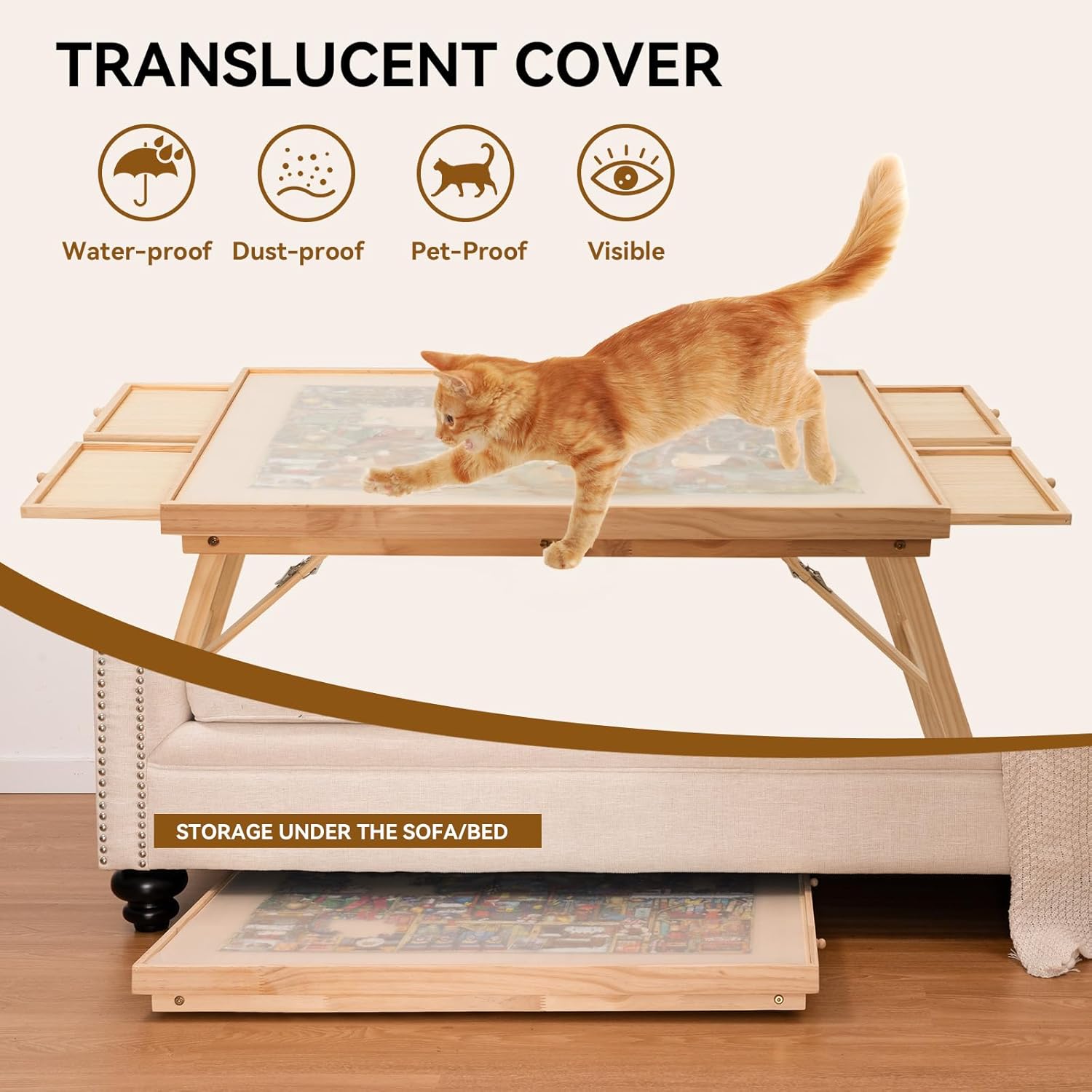 Cat using a translucent cover on a storage shelf under a sofa with features listed.