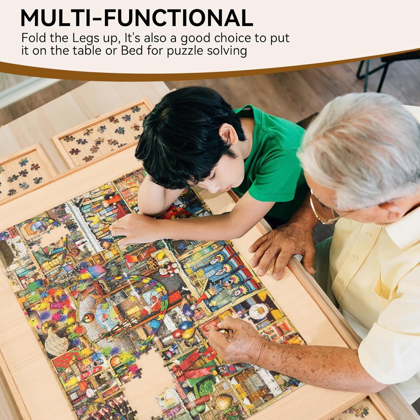 Grandparent and child working on a puzzle together, with text about puzzle board's versatility.