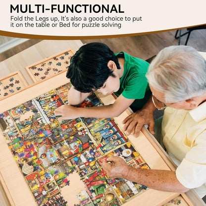 Grandparent and child working on a puzzle together, with text about puzzle board's versatility.