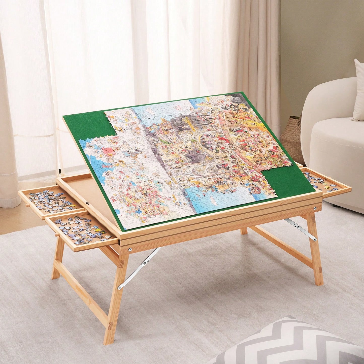 2000 Piece Puzzle Table With Folding Legs, 4 Drawers And Cover, 32.7"X24.6" Wooden Jigsaw Puzzle Plateau, Adjustable 3-Tilting-Angle Puzzle Board, Puzzle Storage System For Adults, Gift For Mom
