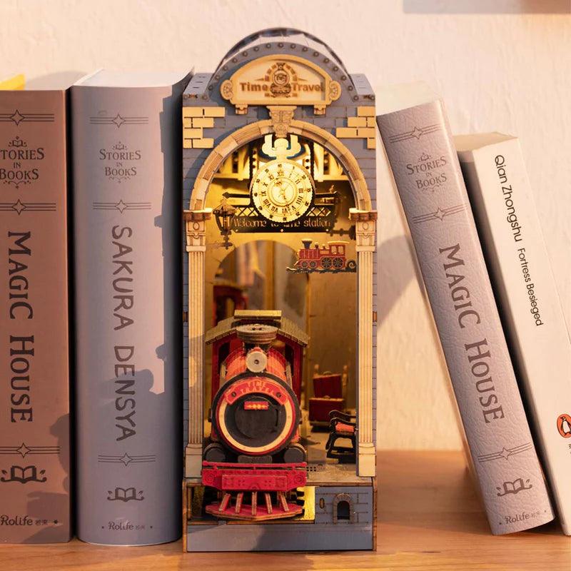 railway book nook bookshelf insert with mirrored infinite tunnel and warm LED lighting wooden model kit