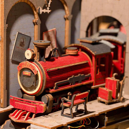 train book nook miniature railway diorama with warm LED light for bookcase display collector gift idea