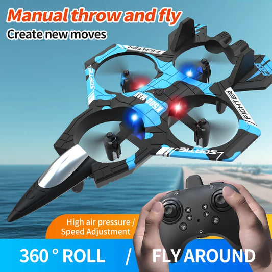 RC fighter jet drone with LED lights 360 stunt roll fly-around quadcopter for kids beginners hand-throw launch – Green, Blue