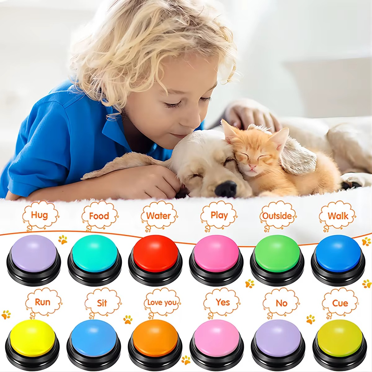 Recordable pet training communication buttons with voice recording feature for dog and cat command training in multiple colors