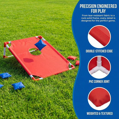cornhole board with double stitched edge pvc corner joints and weighted textured bean bags for lawn games, Red Board, 2 Boards (Red + Blue)