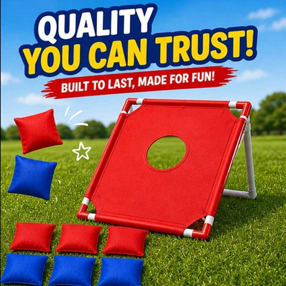 red cornhole toss board with bean bags for porch and patio games, durable bag toss set for family game night, Red Board, 2 Boards (Red + Blue)