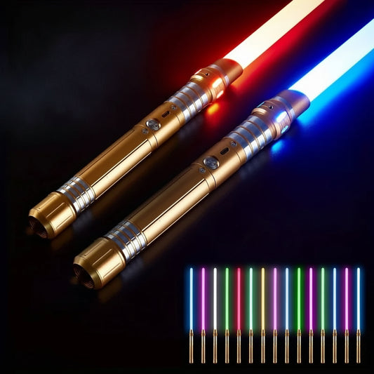 Puzzloria RGB lightsaber with 15-color metal hilt and sound effects for cosplay dueling, Gold and Black