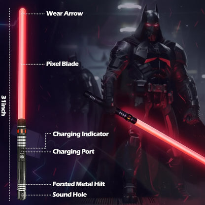 Light saber with labeled parts and a character holding it Gold and Black