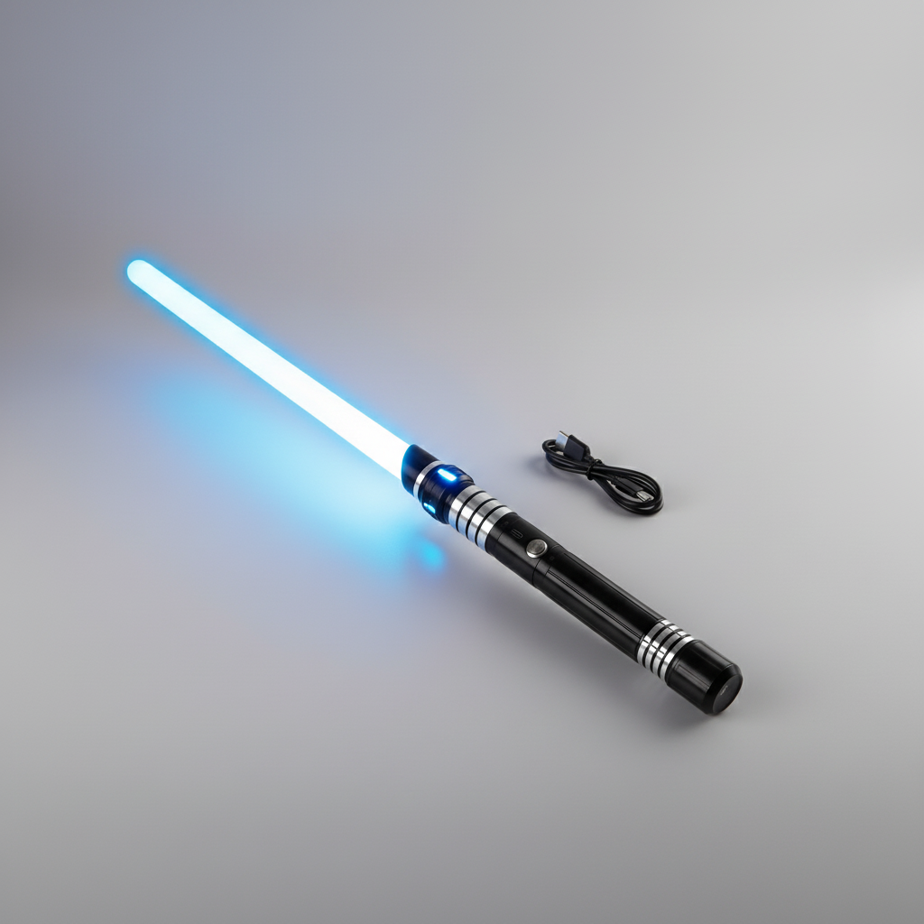 Puzzloria RGB lightsaber with 15-color metal hilt and sound effects for cosplay dueling, Gold and Black