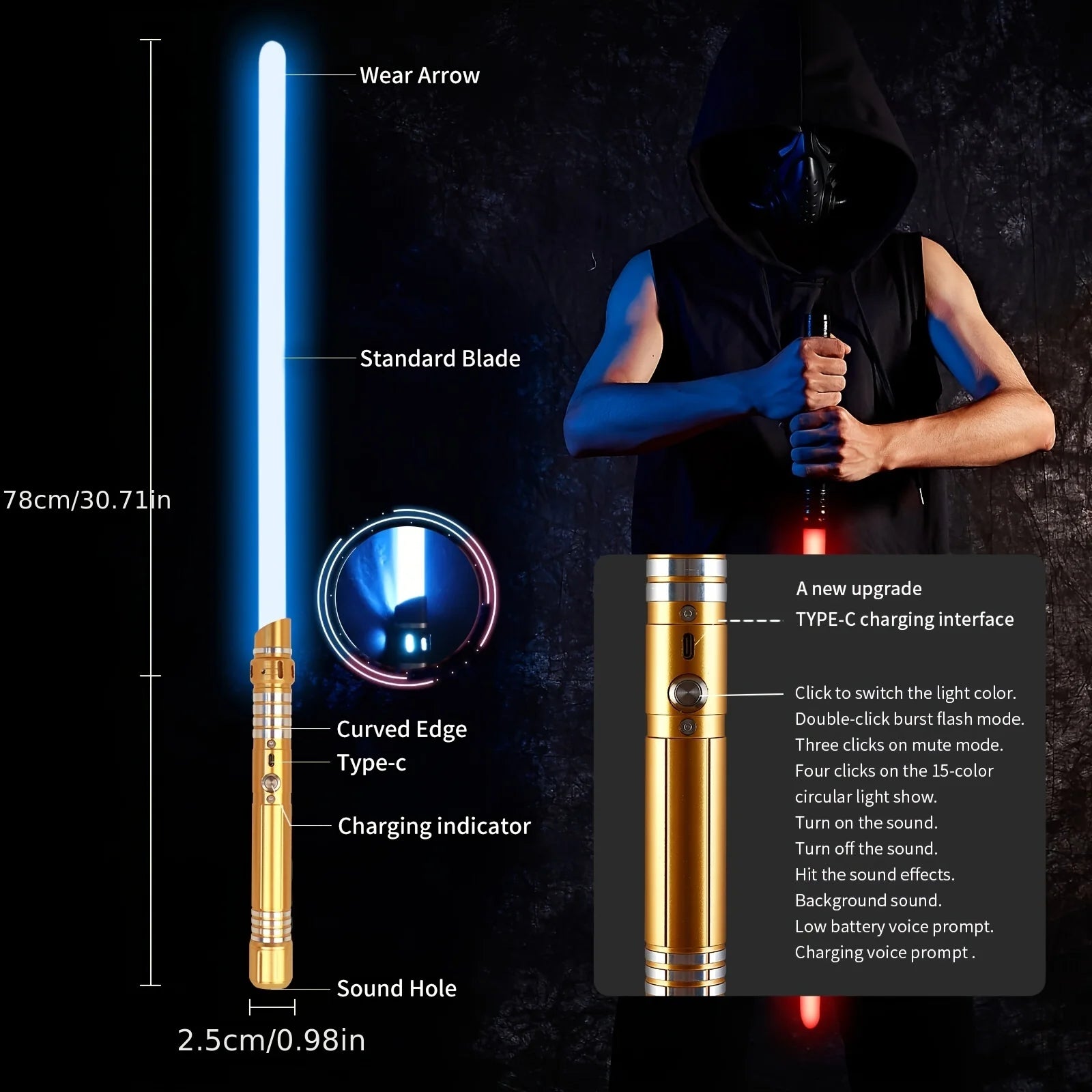 Puzzloria RGB lightsaber with 15-color metal hilt and sound effects for cosplay dueling, Gold and Black