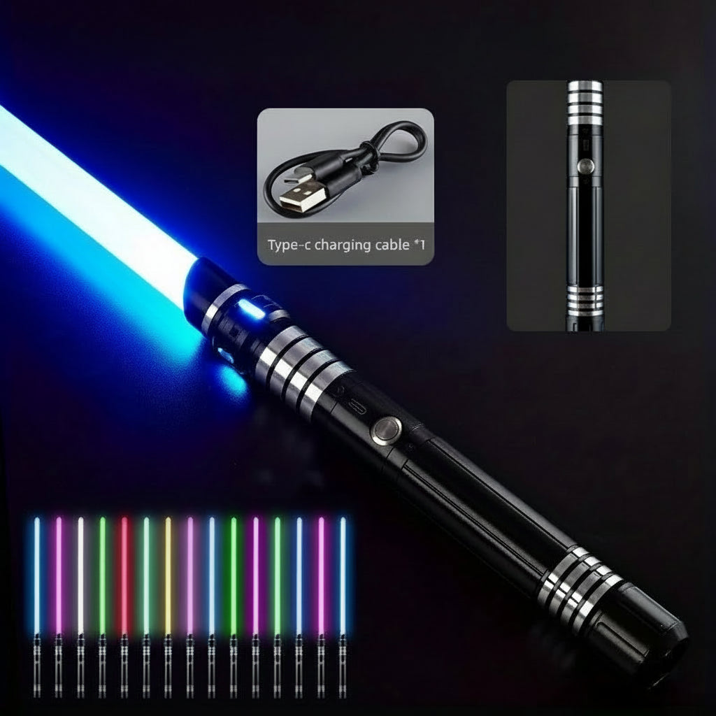 Puzzloria RGB lightsaber with 15-color metal hilt and sound effects for cosplay dueling, Gold and Black