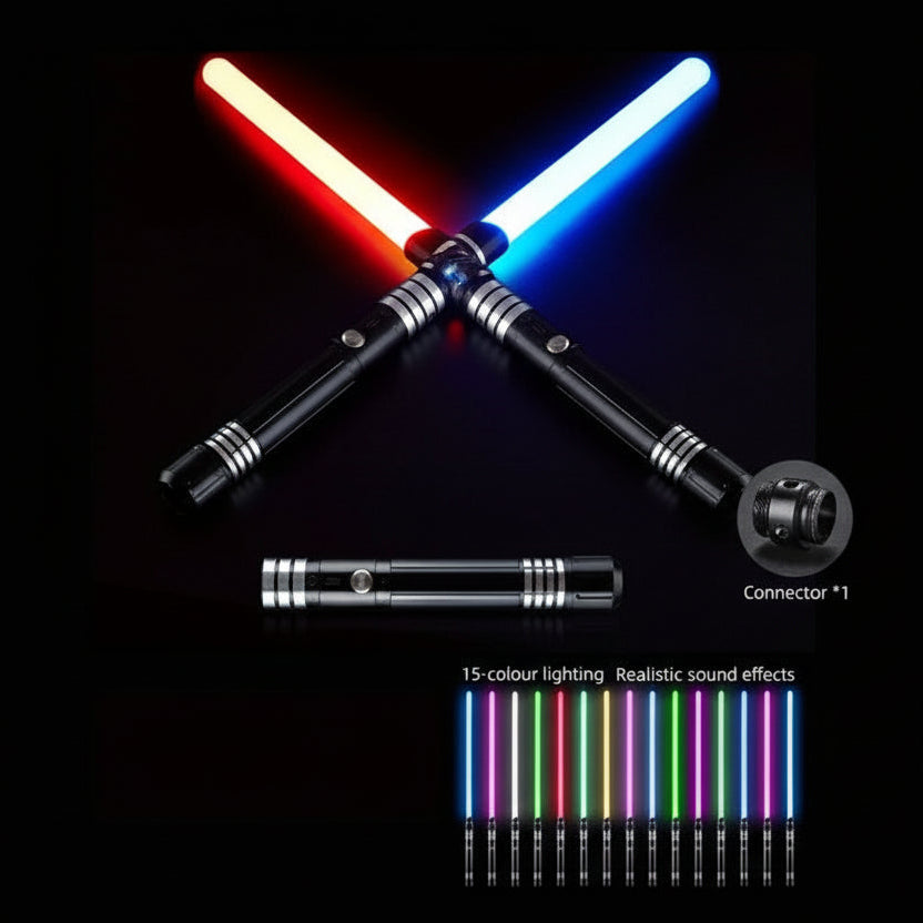 Puzzloria RGB lightsaber with 15-color metal hilt and sound effects for cosplay dueling, Gold and Black