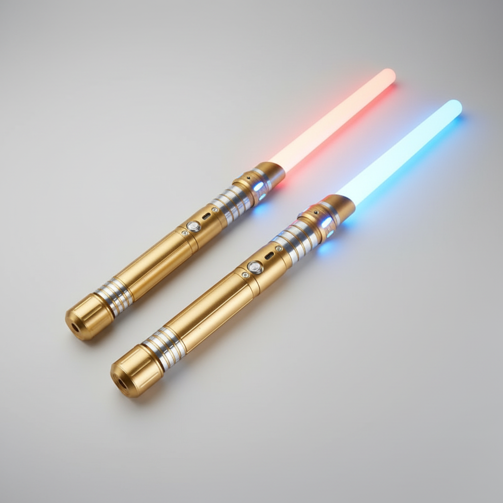 rgb lightsaber with cnc machined aluminum metal hilt and 78cm polycarbonate dueling blade for cosplay and display – Gold, Black