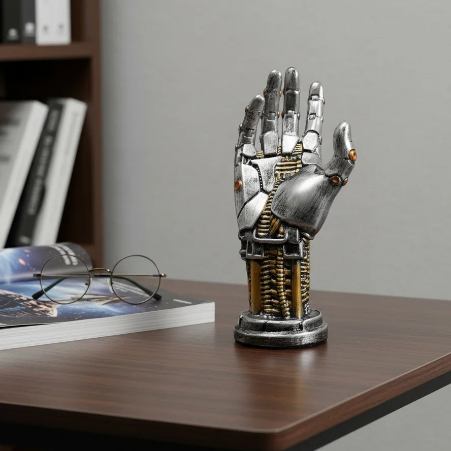 cyberpunk robot hand headphone stand, resin desk sculpture for a gaming setup, sci fi controller holder decor