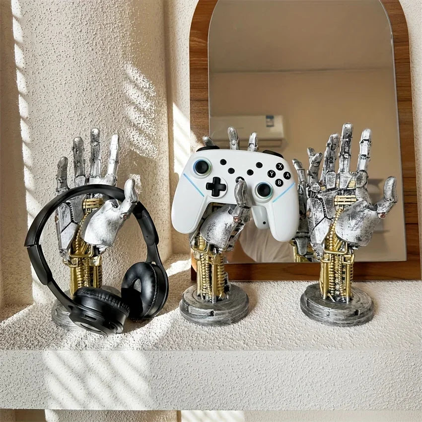 gaming headset stand for a desk, robot hand headphone holder that keeps earcups off the keyboard and dust free
