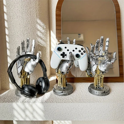 gaming headset stand for a desk, robot hand headphone holder that keeps earcups off the keyboard and dust free