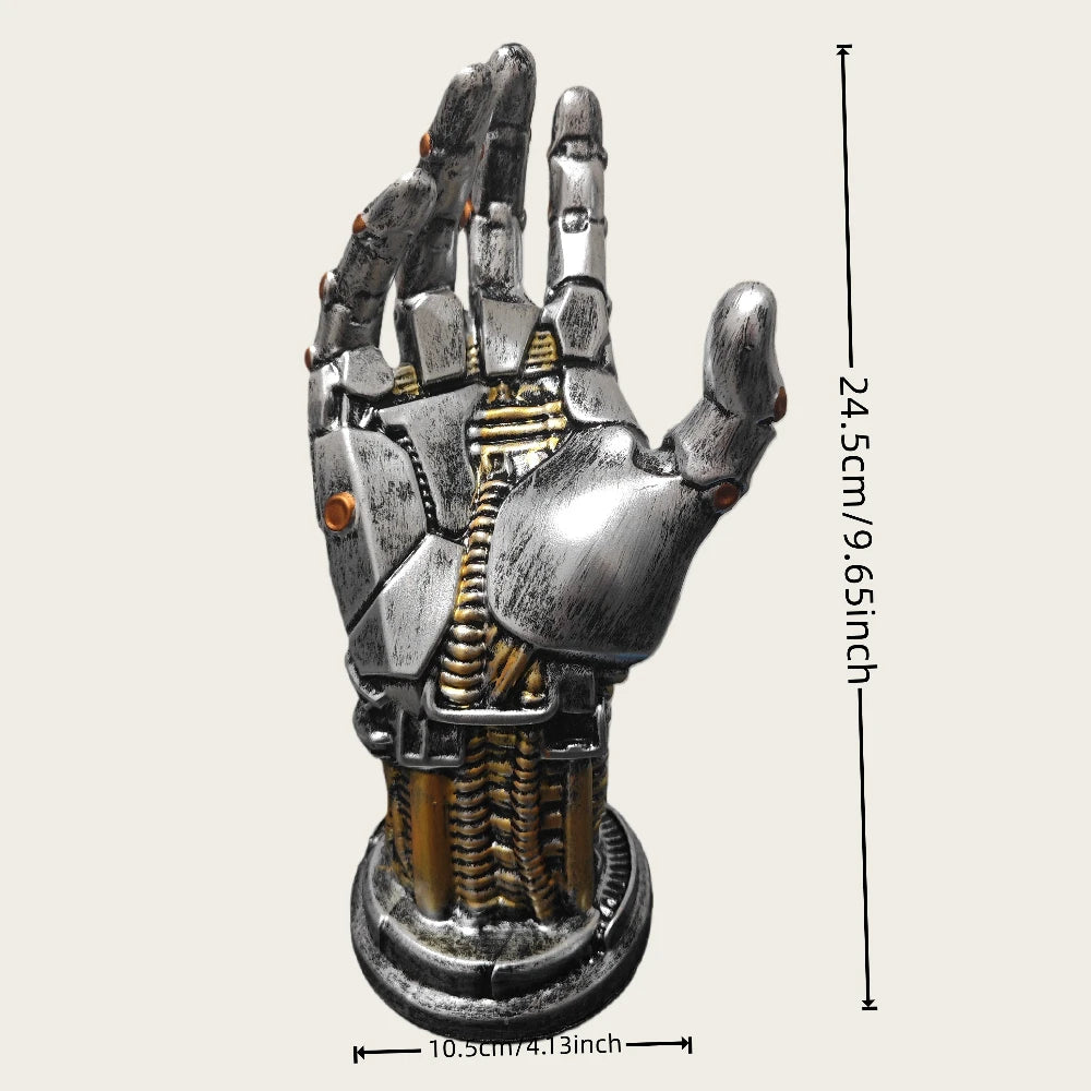 9.65 inch resin hand statue for a desk shelf or bookcase, compact cyberpunk ornament for a small gaming setup