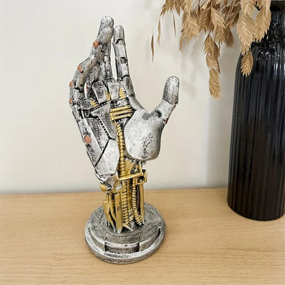 cyberpunk room decor for a bedroom or home office, mechanical hand ornament for shelf styling and sci fi themes