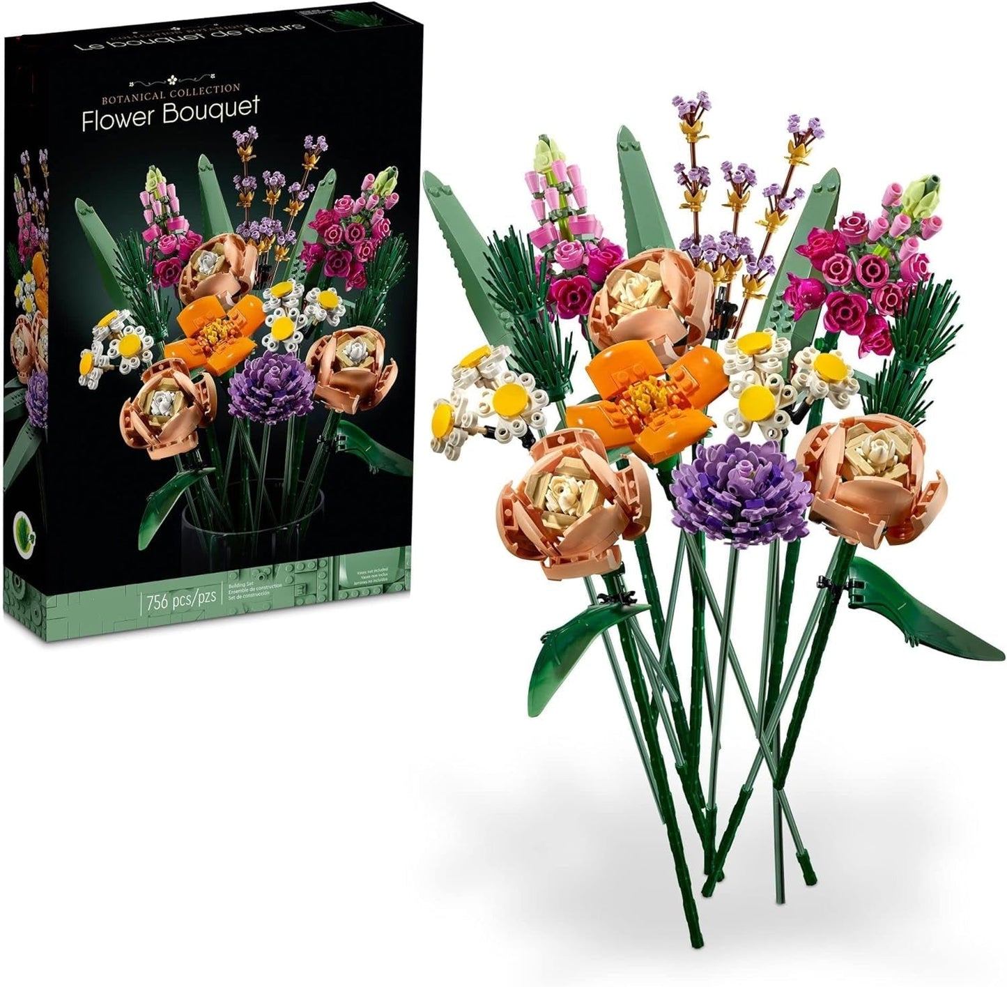 boxed 756 piece building block flower bouquet kit, multi-color brick roses and daisies, diy never-wilt gift