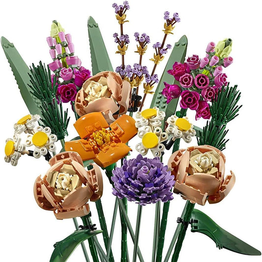 building block flower bouquet, never-wilt faux roses daisies and poppies, romantic anniversary and valentine's gift