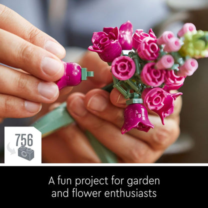 close-up of hands assembling magenta brick rose flowers, 756 piece building block bouquet diy craft project