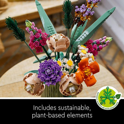 building block flower bouquet on a table, never-wilt birthday anniversary and valentine's gift, beats fresh flowers