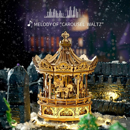Decorative carousel model with 'Melody of Carousel Waltz' text against a snowy night background.