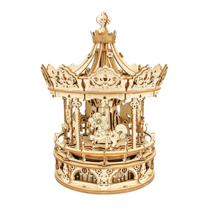 3D Wooden Puzzle 336pcs Rotatable DIY Romantic Carousel Game Gift for Children Kids Adult Assembly Music Box Toy