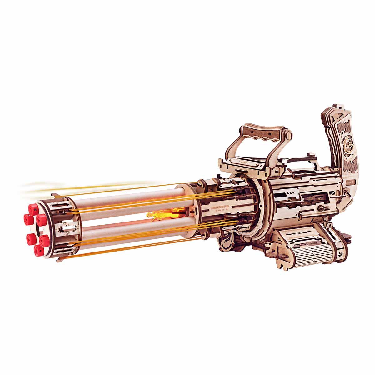 wooden machine gun kit assembled from laser cut plywood with six rotating barrels and a rubber band launcher, Rotating-Barrel