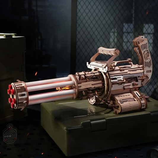 3d wooden puzzle gun model on a hobby room shelf, mechanical wood kit for teens and adult model builders, Rotating-Barrel