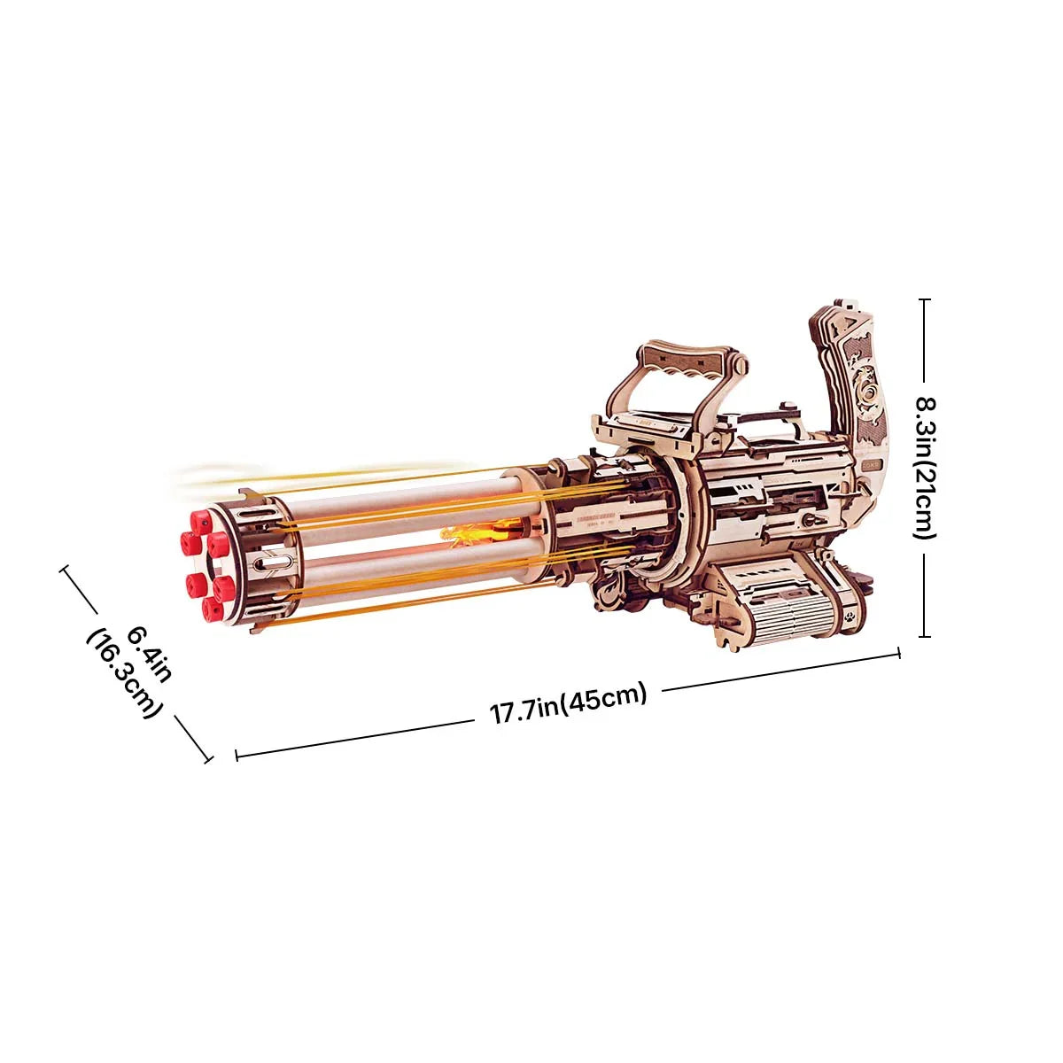 wooden model dimensions 45 by 16.5 by 21 cm shown as a large desk display for builders, Rotating-Barrel+Thompson+AK-47+Terminator+Corsac+Mini Gun