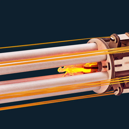 rubber bands stretched across the rotating wooden barrels showing how the 3d puzzle mechanism loads, Rotating-Barrel