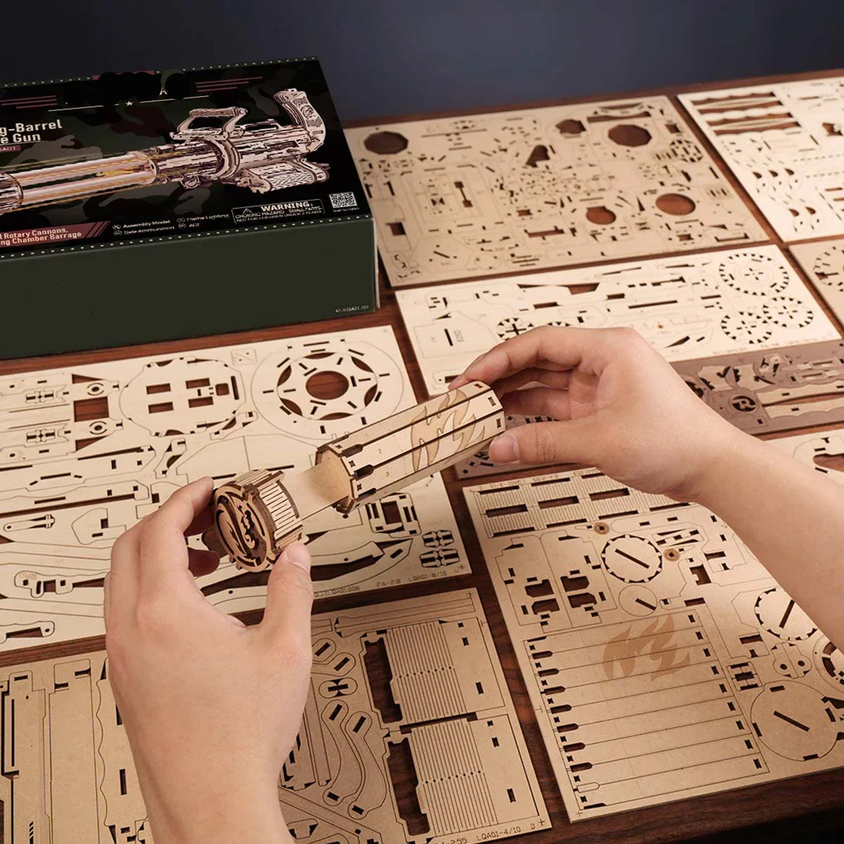 numbered laser cut plywood sheets and gift box for the wooden puzzle kit with illustrated manual, Rotating-Barrel+Thompson+AK-47