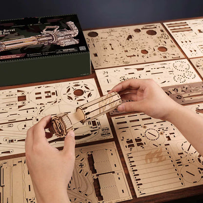 numbered laser cut plywood sheets and gift box for the wooden puzzle kit with illustrated manual, Rotating-Barrel+Thompson+AK-47